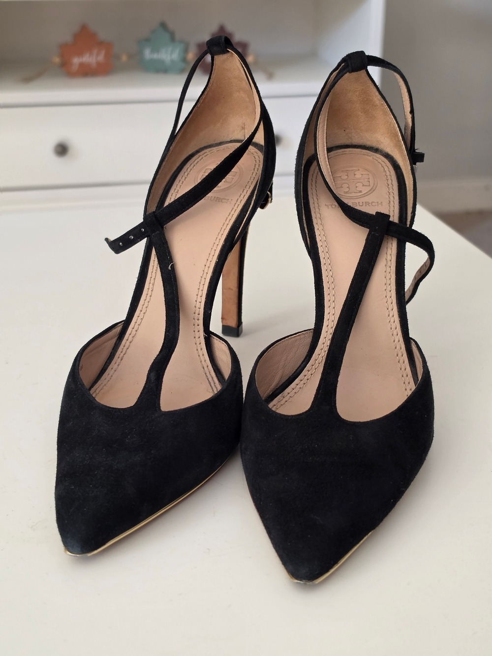Tory Burch Belleville Black Suede Pointed Toe Ankle Tie Heels with Gold Trim - Picture 4 of 9